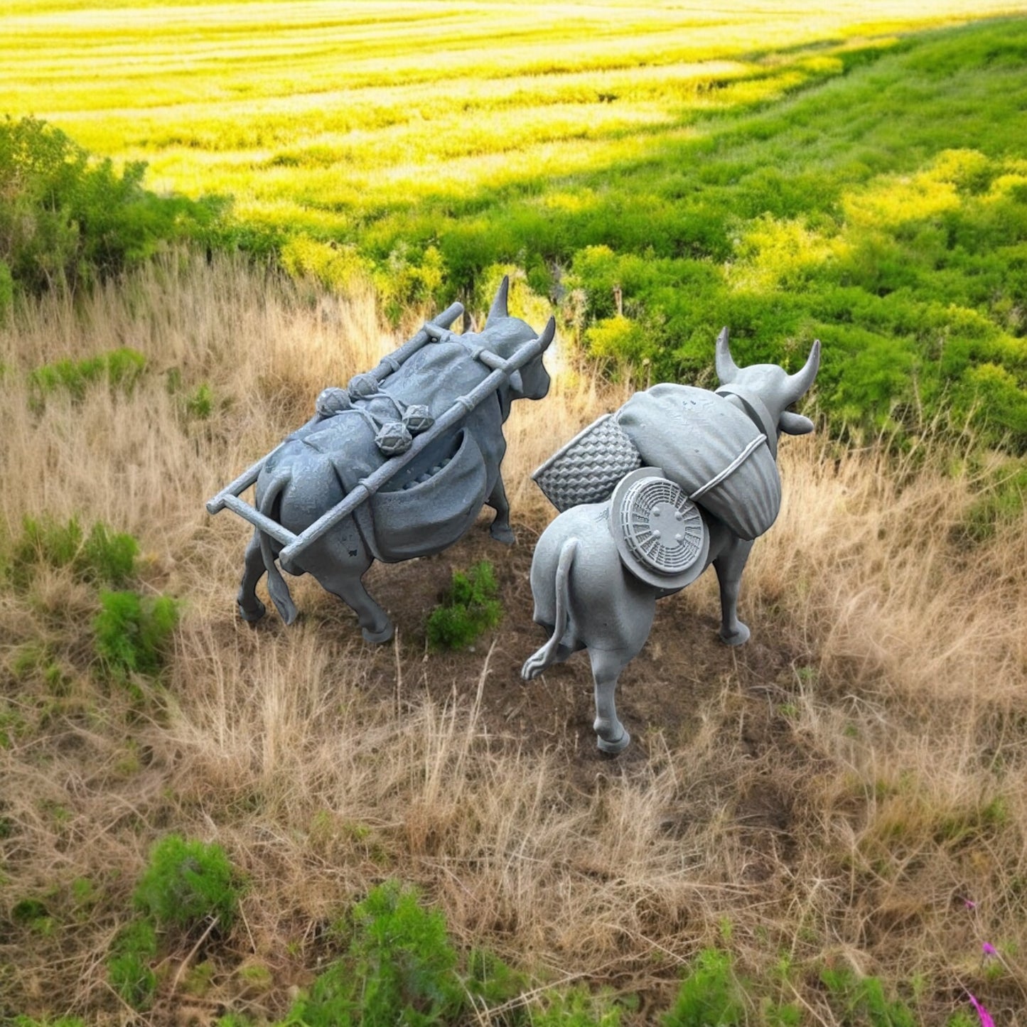 Set of 2 Medieval oxen carries market goods - Wargaming scenery. 28 mm Miniature. Produced by Tofer's Miniatures