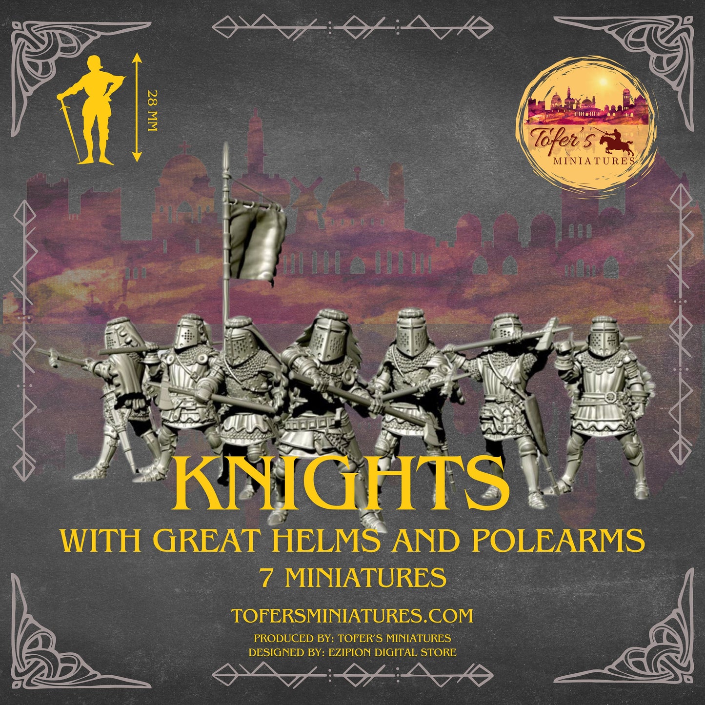 Knights with Great Helms and Polearms. 28 mm Miniatures