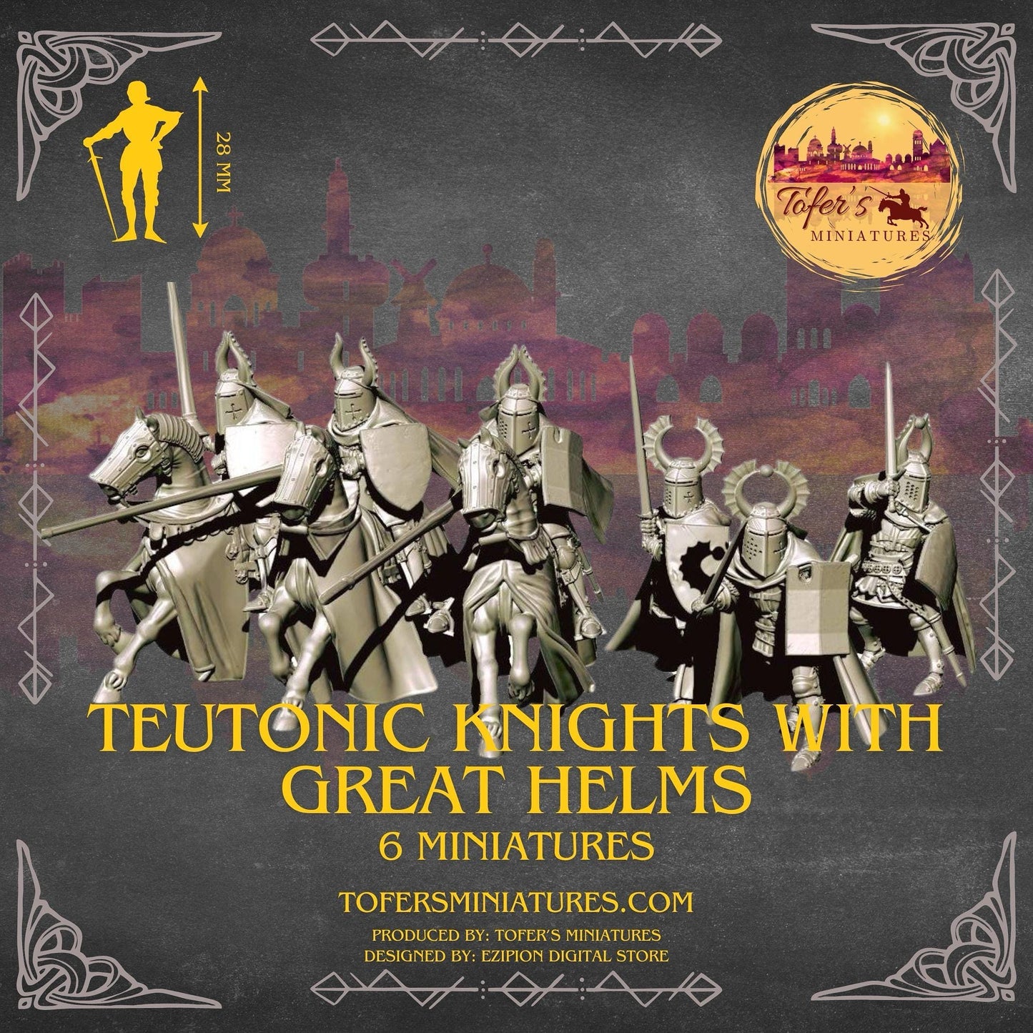 Set of 6 Teutonic Knights With Great Helms. 28 mm Miniatures