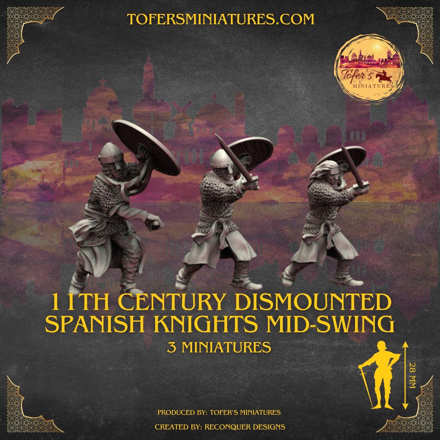 Set of 3 11th Century Dismounted Spanish Knights Mid-swing. 28 mm Miniatures