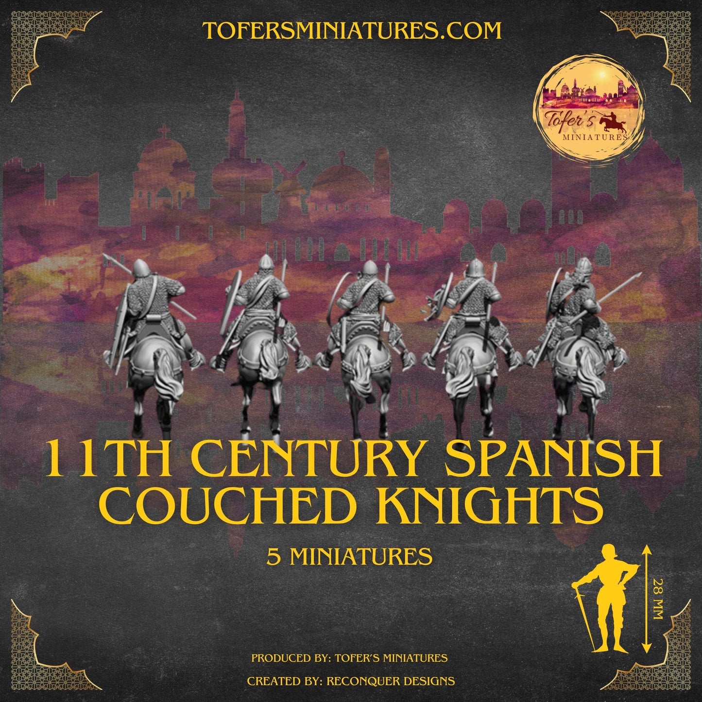 Set of 5 11th Century Spanish Couched Knights. 28 mm Miniatures