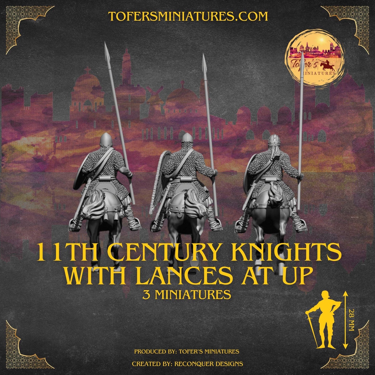 Set of 3 11th Century Knights with lances at up. 28 mm Miniatures