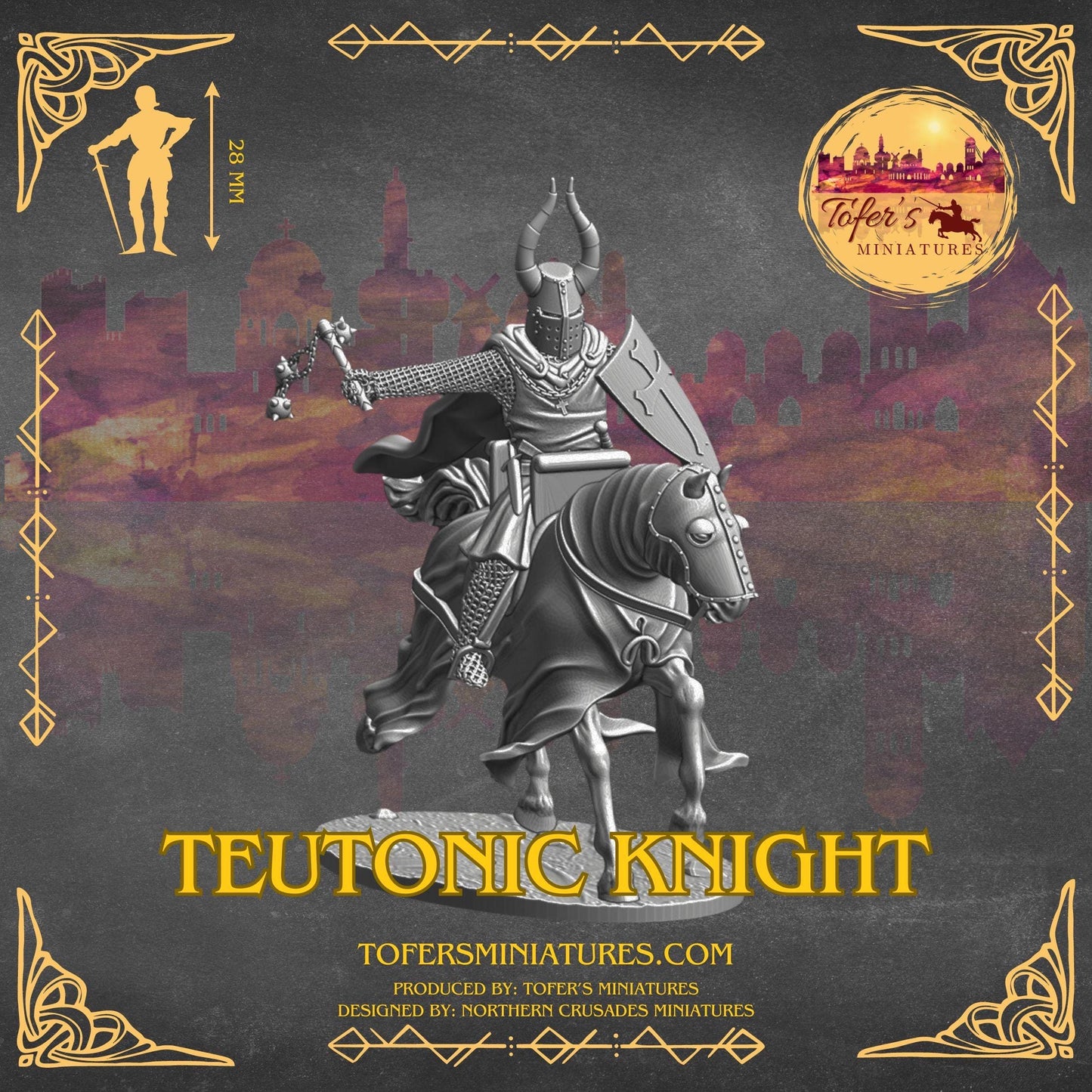 Teutonic Knight with a flail and crested helmet. 28 mm Miniatures