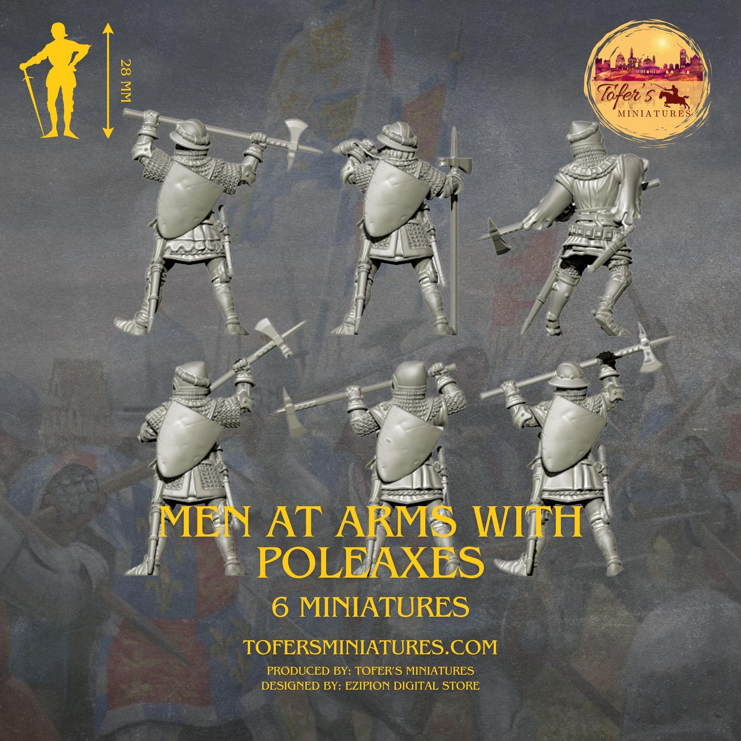 Set of 6 Medieval Men at arms with poleaxes. 28 mm Miniatures Ideal for Games Like SAGA and Other Wargames. Produced by Tofer's Miniatures