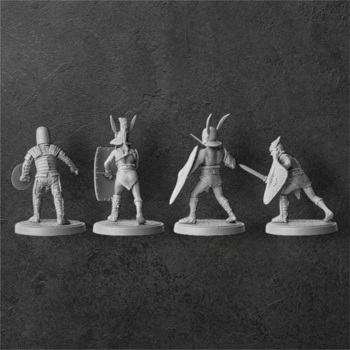 Set of 4 Gladiators #4.Crupellarius, Gladiatrix, Essedarius, Samnite. 28 mm Miniatures. Designed and Produced by V&V Miniatures.