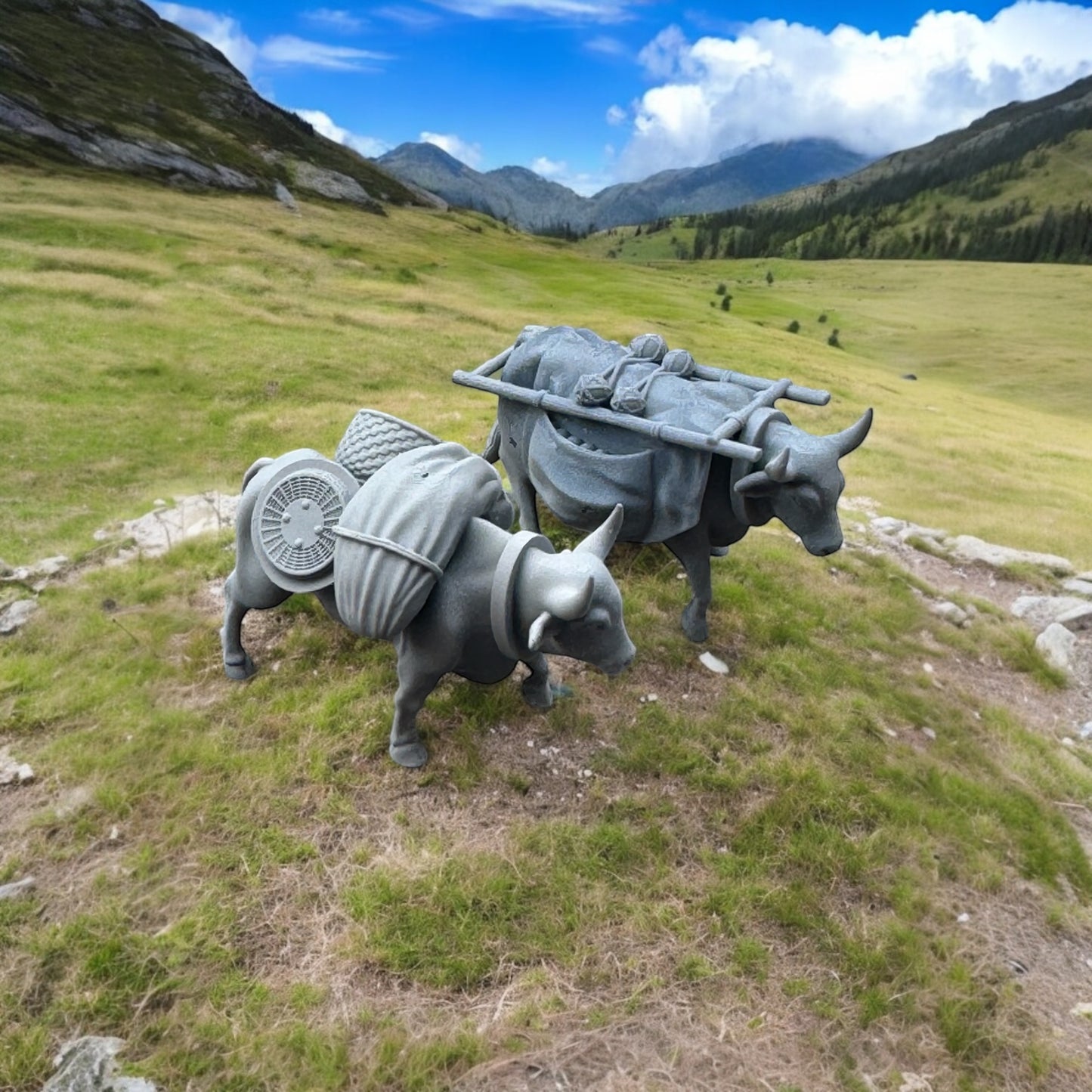 Set of 2 Medieval oxen carries market goods - Wargaming scenery. 28 mm Miniature. Produced by Tofer's Miniatures