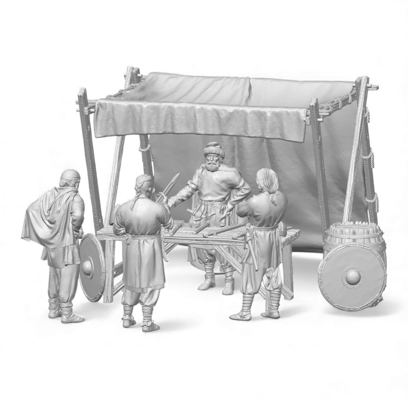 A 3D grey resin render of the Viking Weapons Merchant miniature set by Tofer’s Miniatures. The scene includes four detailed 28mm Viking figures, a wooden market stall with a fabric canopy, a weapons table, and a large wooden barrel with a leaned round shield.