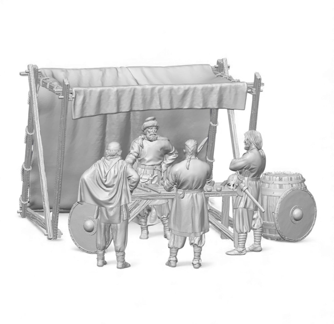 A 28mm scale miniature of a Viking Weapons Merchant standing next to a rack of Norse axes, spears, and round shields. The unpainted grey resin model shows high detail in the merchant’s fur cloak and period-accurate tunics.