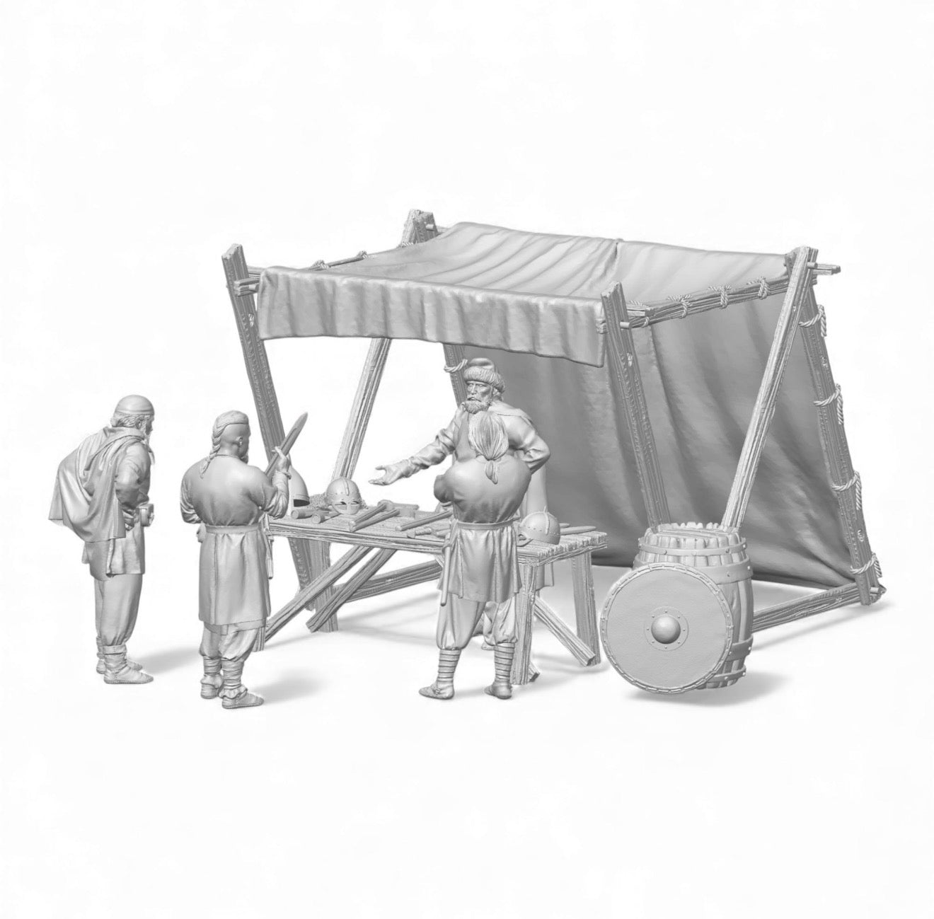 A 3D grey resin render of the Viking Weapons Merchant miniature set by Tofer’s Miniatures. The scene includes four detailed 28mm Viking figures, a wooden market stall with a fabric canopy, a weapons table, and a large wooden barrel with a leaned round shield.