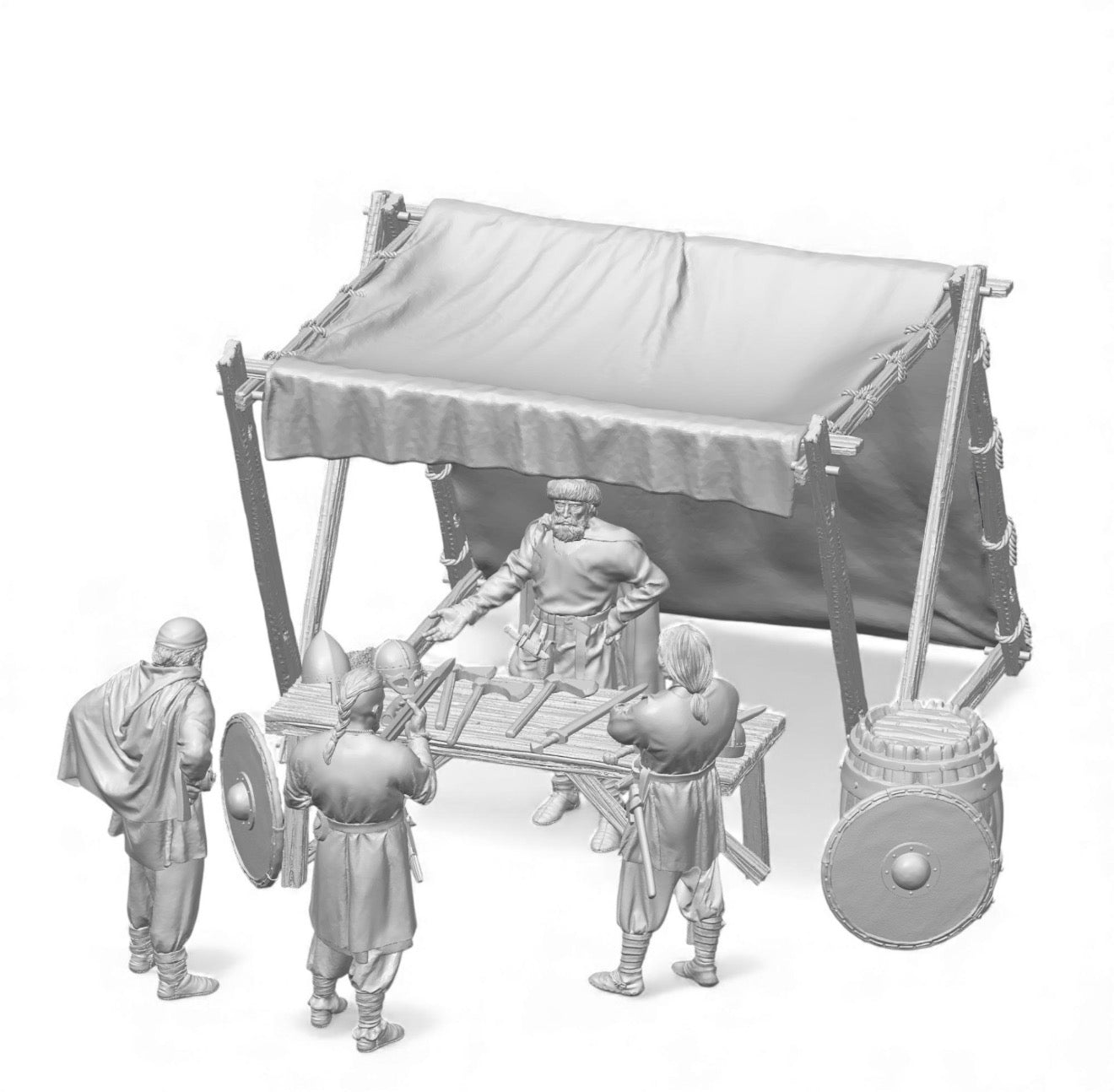 A 3D grey resin render of the Viking Weapons Merchant miniature set by Tofer’s Miniatures. The scene includes four detailed 28mm Viking figures, a wooden market stall with a fabric canopy, a weapons table, and a large wooden barrel with a leaned round shield.