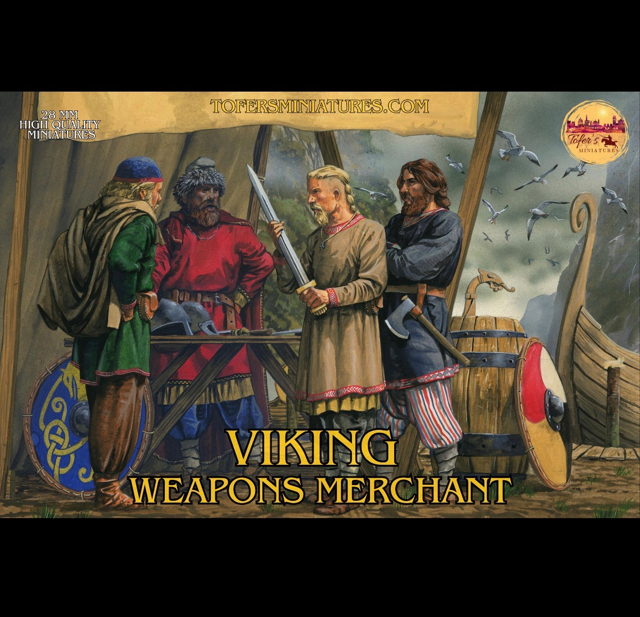 Hand-painted style illustration for 'Viking Weapons Merchant' by Tofers Miniatures. Four Viking men stand under a canvas tent trading weapons. One merchant inspects a sword while others stand by a wooden table filled with helmets and gear. A Viking longship, a wooden barrel, and a decorative blue shield are visible in the background."