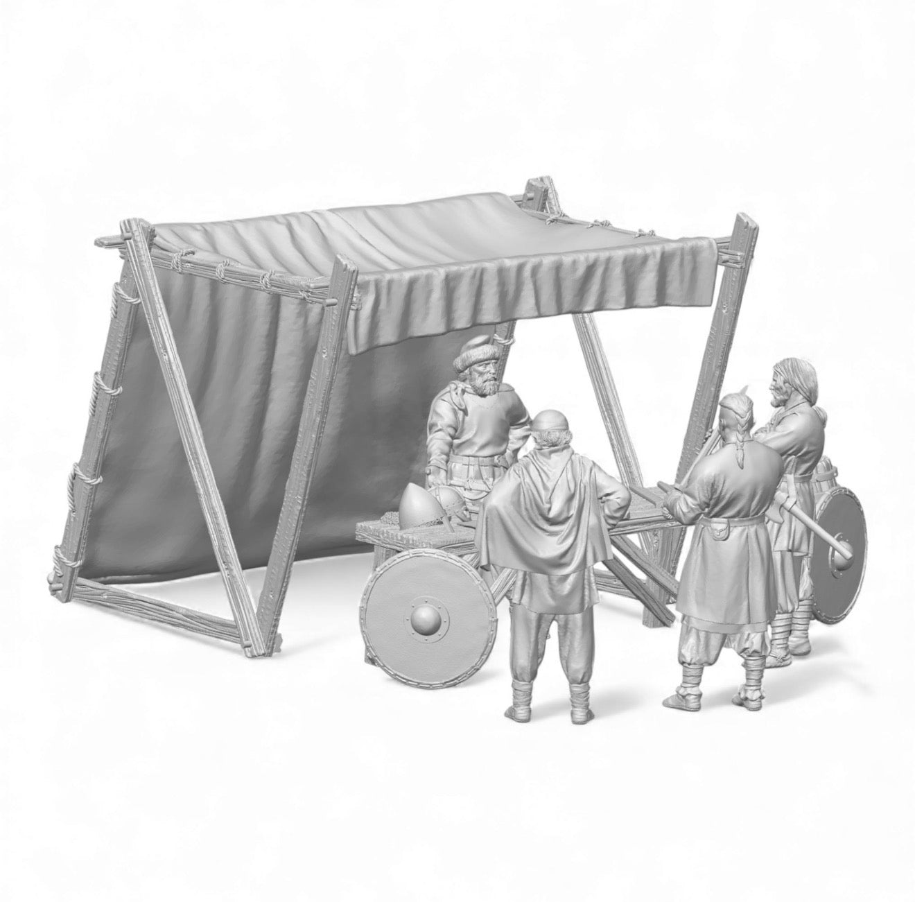 A 3D grey resin render of the Viking Weapons Merchant miniature set by Tofer’s Miniatures. The scene includes four detailed 28mm Viking figures, a wooden market stall with a fabric canopy, a weapons table, and a large wooden barrel with a leaned round shield.