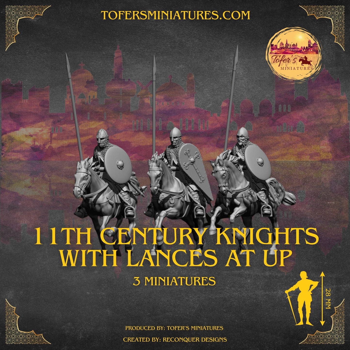 Set of 3 11th Century Knights with lances at up. 28 mm Miniatures