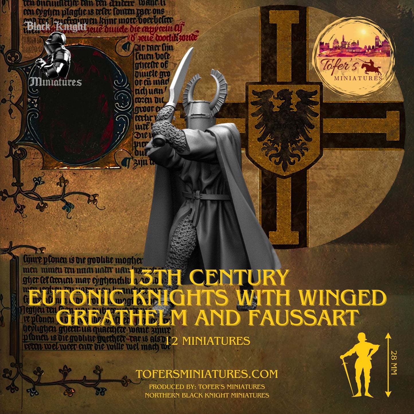 13th-century Teutonic Knights with Winged Greathelm and Faussart. 28 mm Miniature