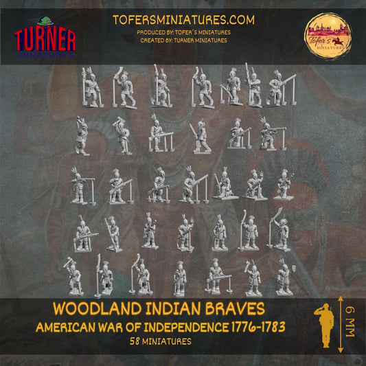 58x 6 mm Woodland Indian Braves. American War of Independence 1776-1783. UNPAINTED Miniatures. + 6 bases