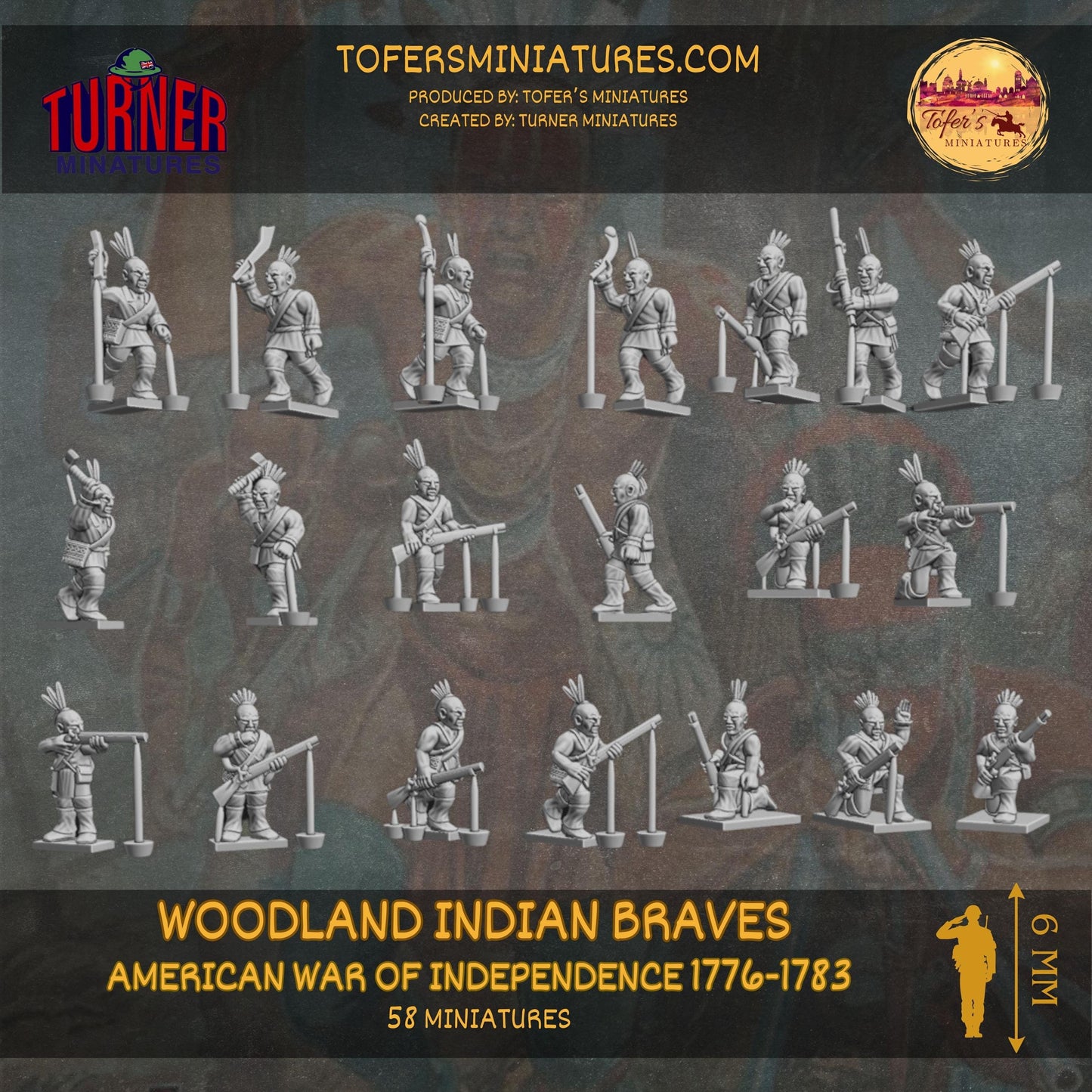 58x 6 mm Woodland Indian Braves. American War of Independence 1776-1783. UNPAINTED Miniatures. + 6 bases