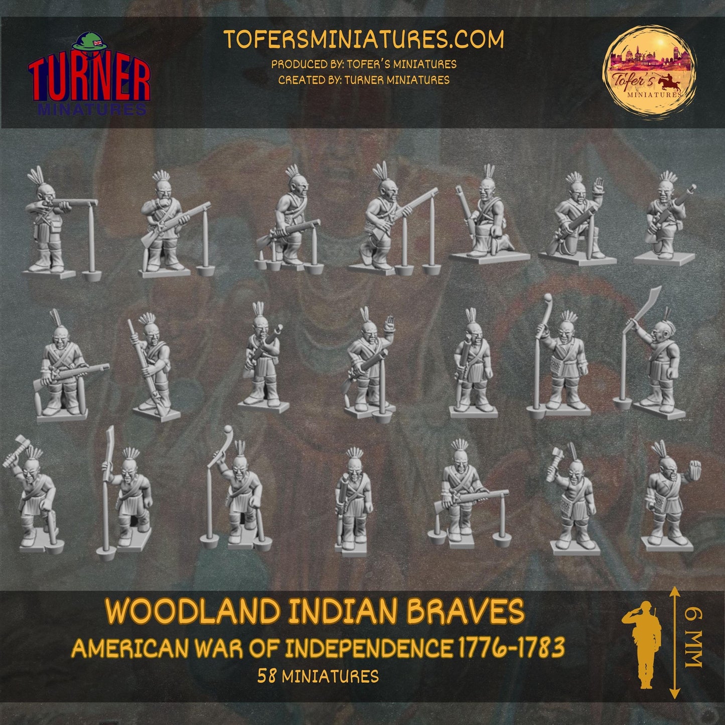 58x 6 mm Woodland Indian Braves. American War of Independence 1776-1783. UNPAINTED Miniatures. + 6 bases