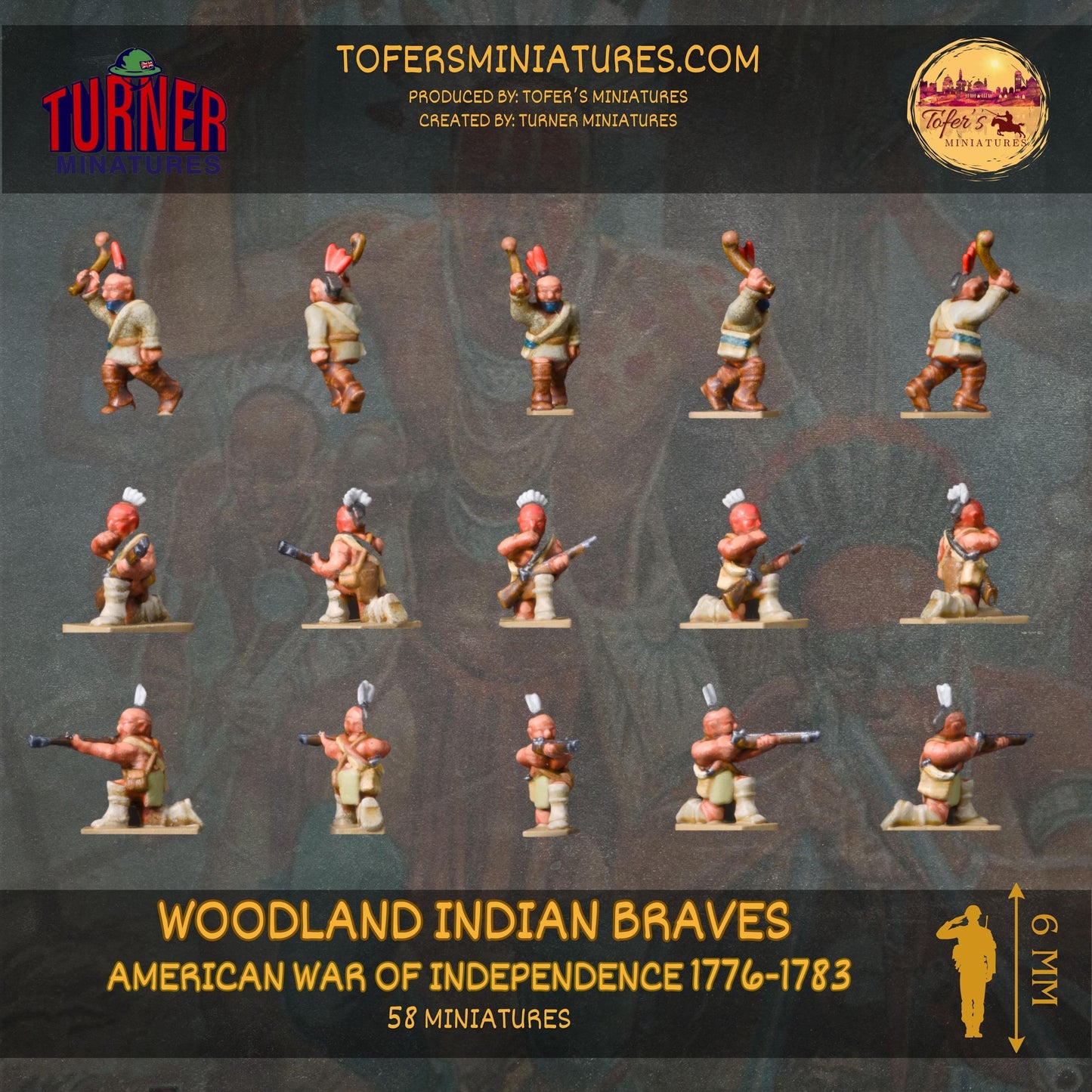 58x 6 mm Woodland Indian Braves. American War of Independence 1776-1783. UNPAINTED Miniatures. + 6 bases