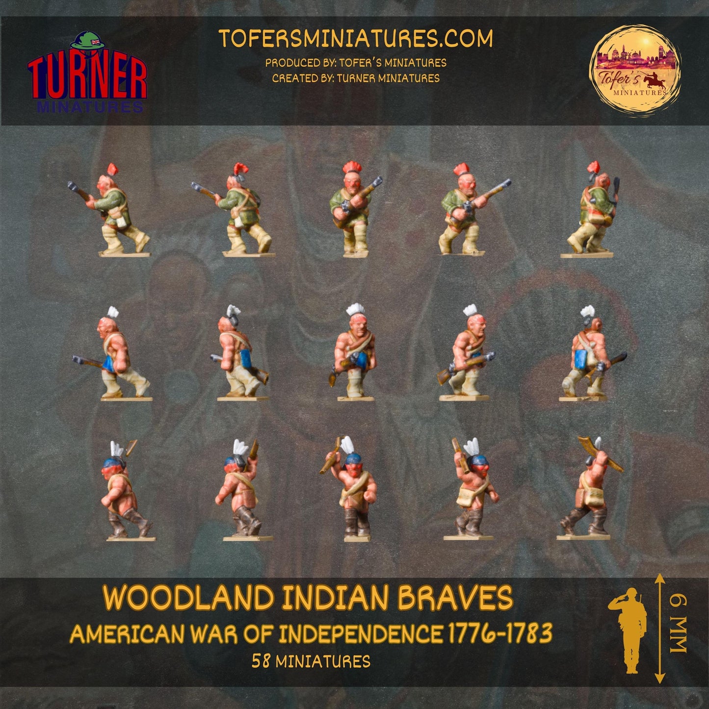 58x 6 mm Woodland Indian Braves. American War of Independence 1776-1783. UNPAINTED Miniatures. + 6 bases