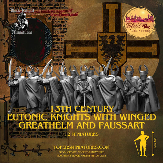 13th-century Teutonic Knights with Winged Greathelm and Faussart. 28 mm Miniature