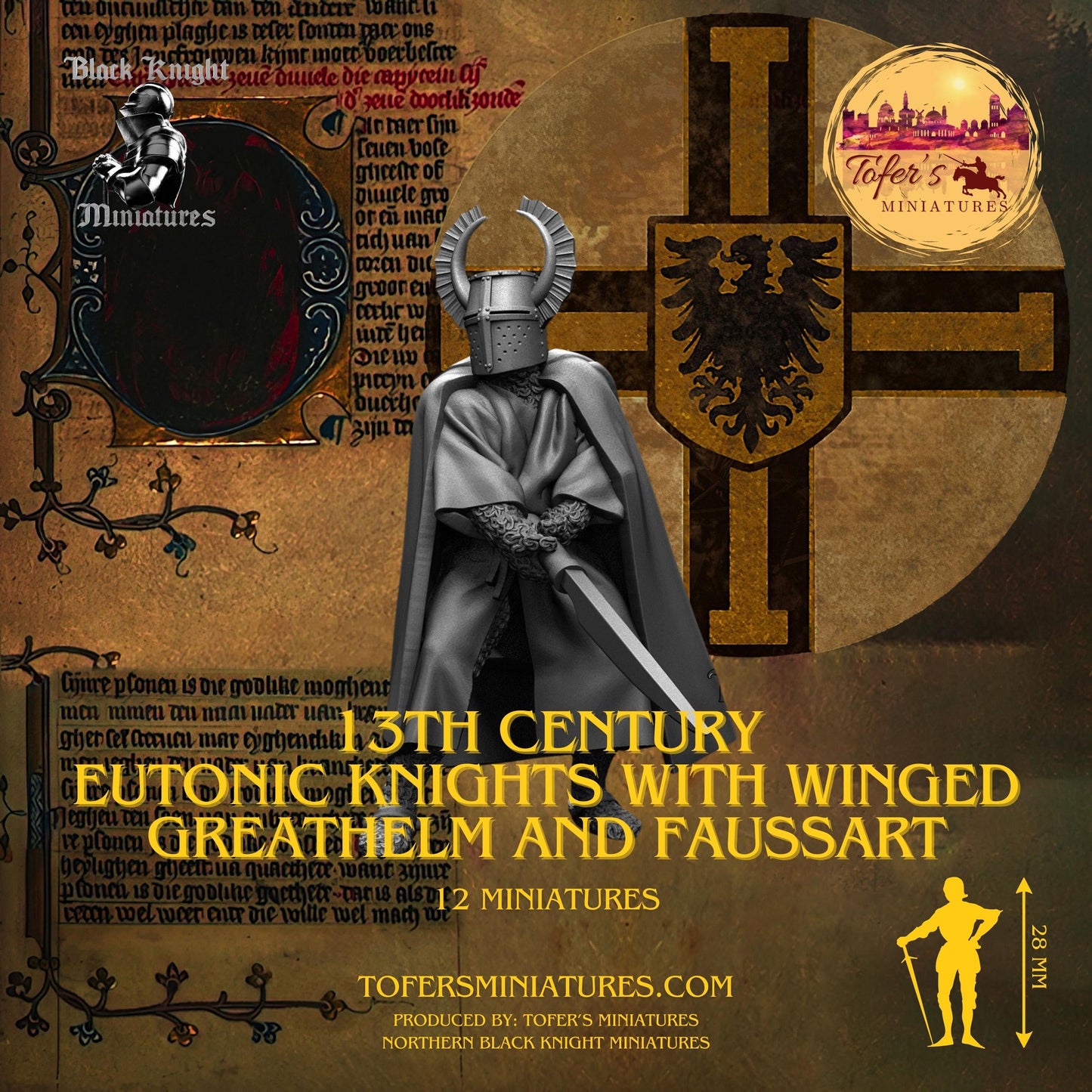 13th-century Teutonic Knights with Winged Greathelm and Faussart. 28 mm Miniature