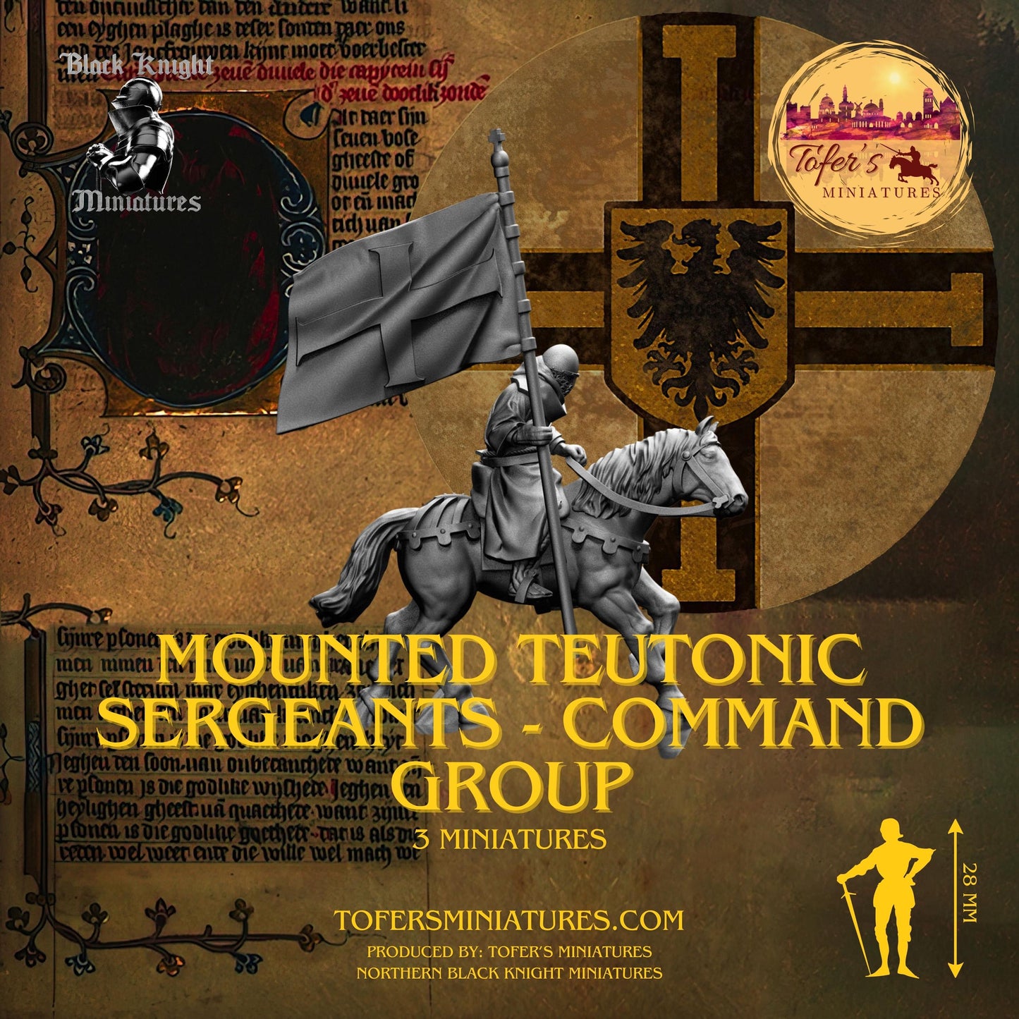 13th Century - Mounted Teutonic Sergeants - Command Group. 28 mm Miniature