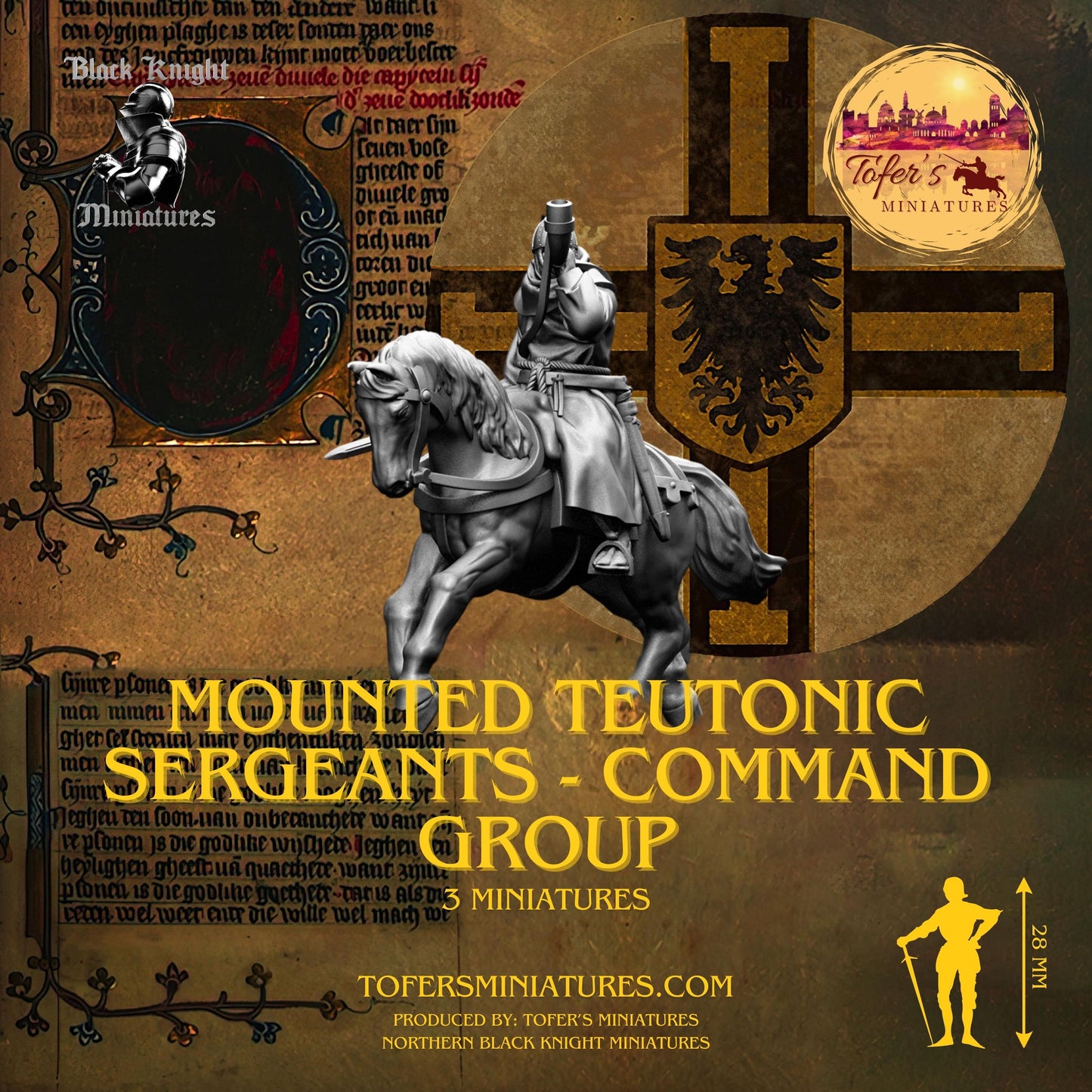 13th Century - Mounted Teutonic Sergeants - Command Group. 28 mm Miniature